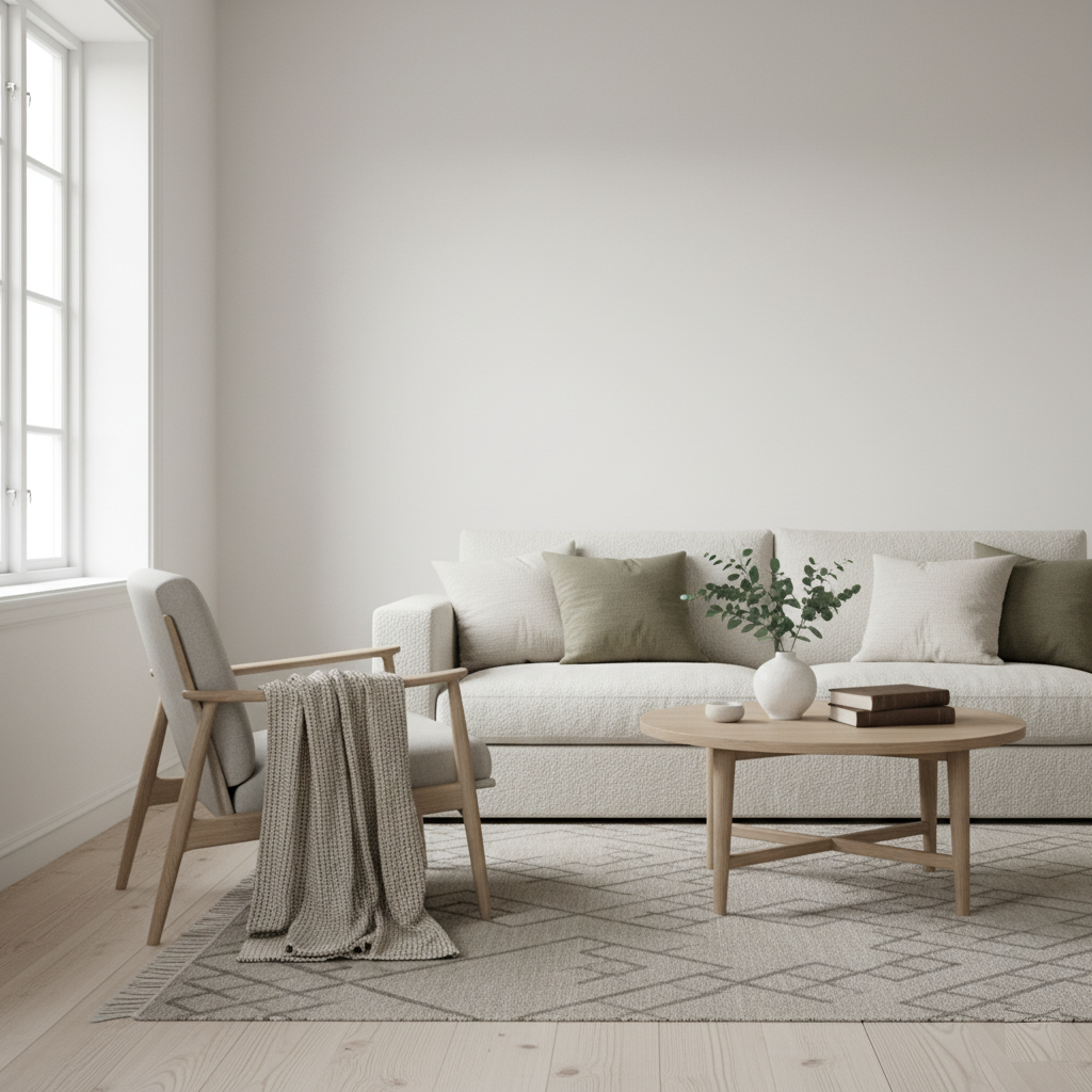 scandinavian-neutral-color-palette A clean Scandinavian space with a neutral color scheme, including a beige sofa, soft pillows, and a light wooden coffee table, emphasizing a calm and natural feel.