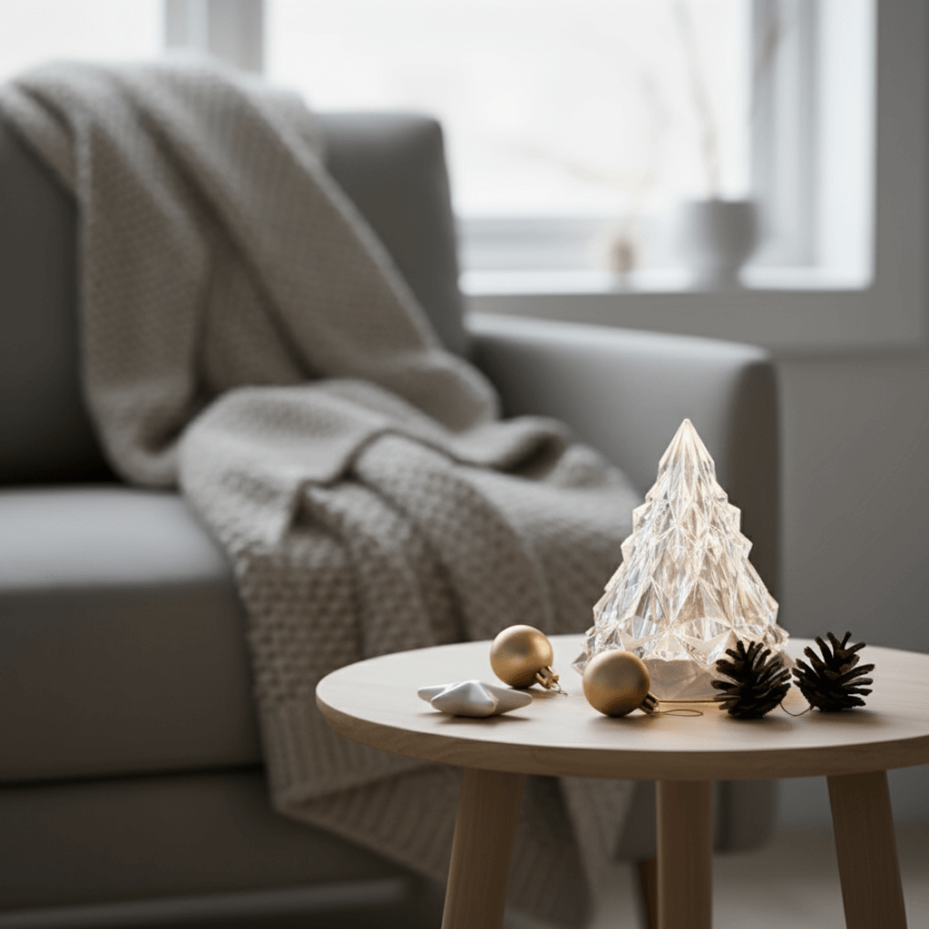 vinterfint-lamp-side-table-christmas-ornaments A VINTERFINT lamp from IKEA placed on a side table next to Christmas ornaments. The image captures a cozy nook with a contemporary interior, featuring muted colors and a subtle sparkle for a hygge atmosphere.